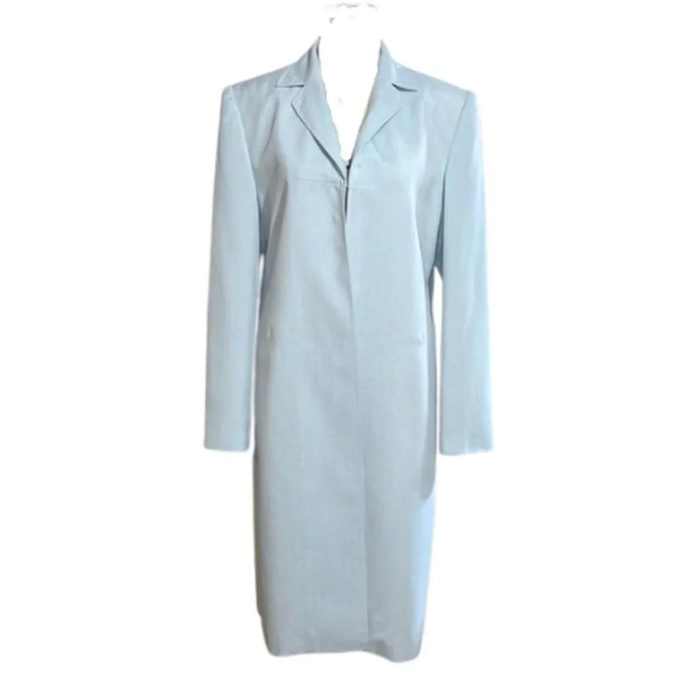 Vintage HALSTON Light Blue Mid-Length Designer Quiet Luxury Trench Coat Size 12